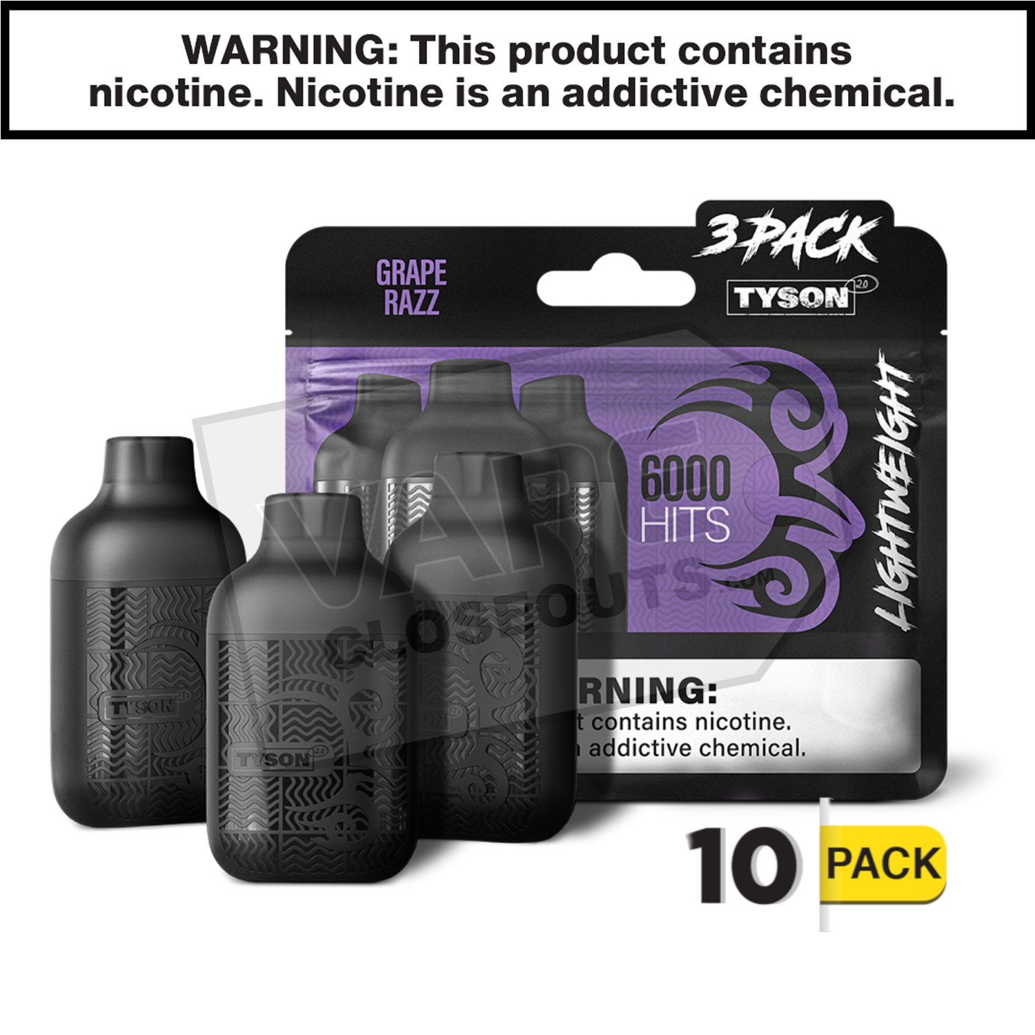Grape Razz Tyson 2.0 Lightweight 6k Puff Disposable Vape (3-Pack)